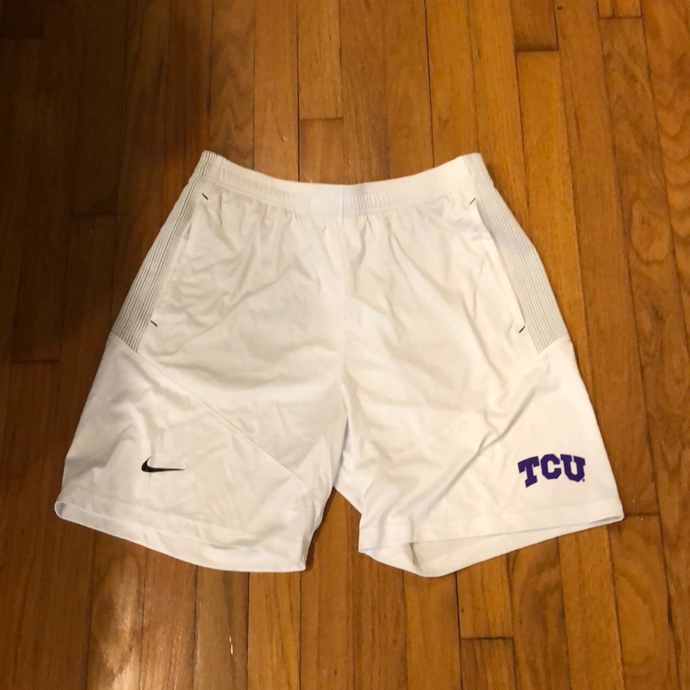 White Nike TCU Dri-Fit drawstring athletic shorts